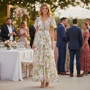 NWT Mac Duggal 9079 Floral Print Faux Wrap Flutter Sleeve A-Line Maxi Dress